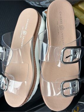 Chinese Laundry Clear Double-Buckle Platform Sandal in Blush and Clear